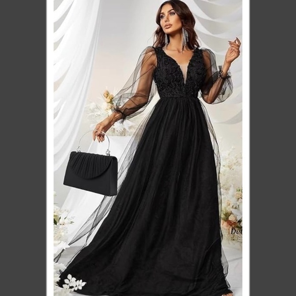 🔺SOLD🔺Black Satin Pleated-Flap Metal Handle Retro Evening Bag w/Detachable Strap - Picture 2 of 14